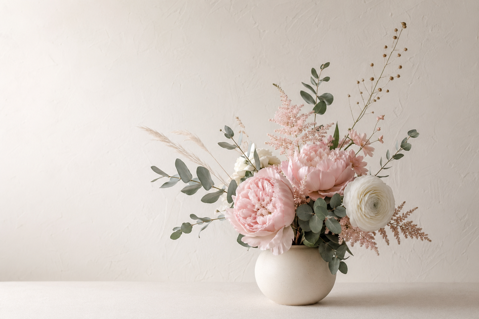 A delicate pastel floral arrangement of peonies, ranunculus, and eucalyptus on a soft surface